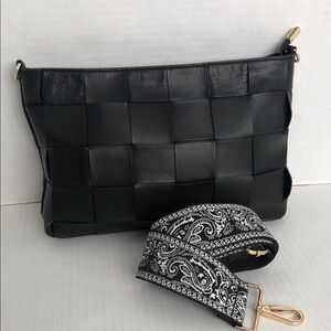 Anna Paola Italian Black Woven Leather Bag with Paisley Crossbody Strap
